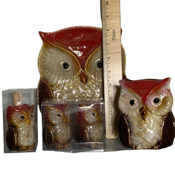 Owl Kitchen Dinning Functional Decor Artisan Glazed Hand Painted Ceramic 4 Piece - Picture 3 of 16